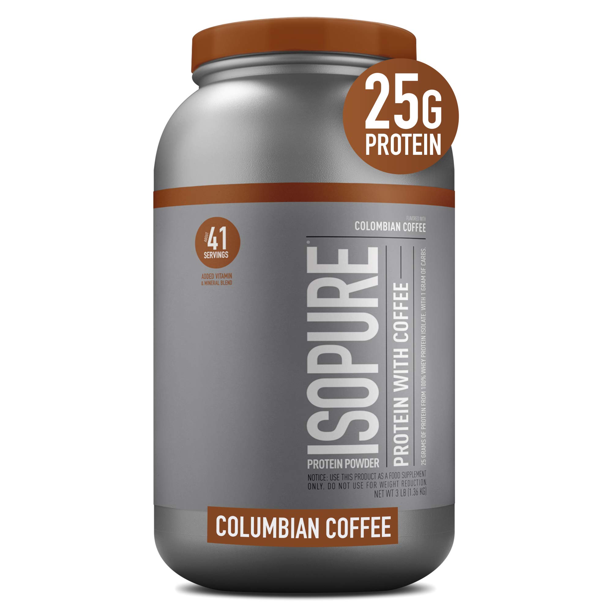 Book Cover Isopure Protein Powder, With Coffee, Zero Carb Whey Isolate with Vitamin C & Zinc for Immune Support, 25g Protein, Keto Friendly, Columbian Coffee, 41 Servings, 3 Pounds (Packaging May Vary) Columbian Coffee 3 Pound
