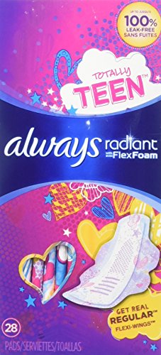 Book Cover Always Radiant Totally Teen Pads with FlexFoam Flexi-Wings Flexible Wings, 28 Count, 2 Pack. (Includes 56 Pads Total.) Lasts Up to 8 Hours. Absorbs 10X Its Weight. Individually Wrapped Pads.