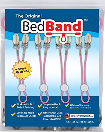 Book Cover Bed Band- Pink. Original Bed Sheet Holder Straps (1 Pack) - USA Company- Sheet Grippers Suspenders with Smart Cordlock Button - Adjustable Fitted Sheet Holders with Bedsheet Clips - Corner Fasteners.