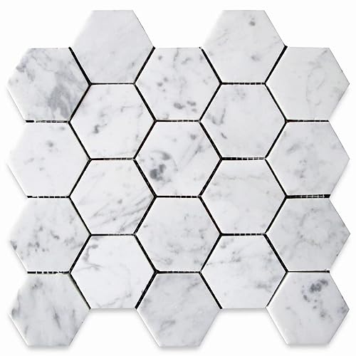 Stone Center Online Carrara White Marble 3 inch Hexagon Mosaic Tile Honed Kitchen Bath Wall Floor Backsplash Shower (1 Sheet)