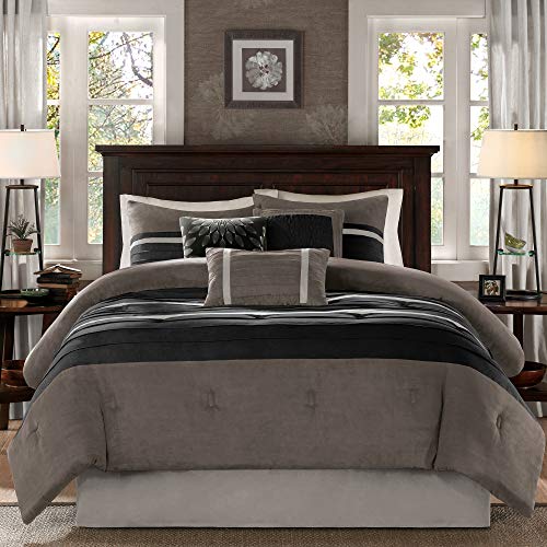 Book Cover Madison Park - Palmer 7 Piece Comforter Set - Black and Gray - Queen - Pieced Microsuede - Includes 1 Comforter, 3 Decorative Pillows, 1 Bed Skirt, 2 Shams