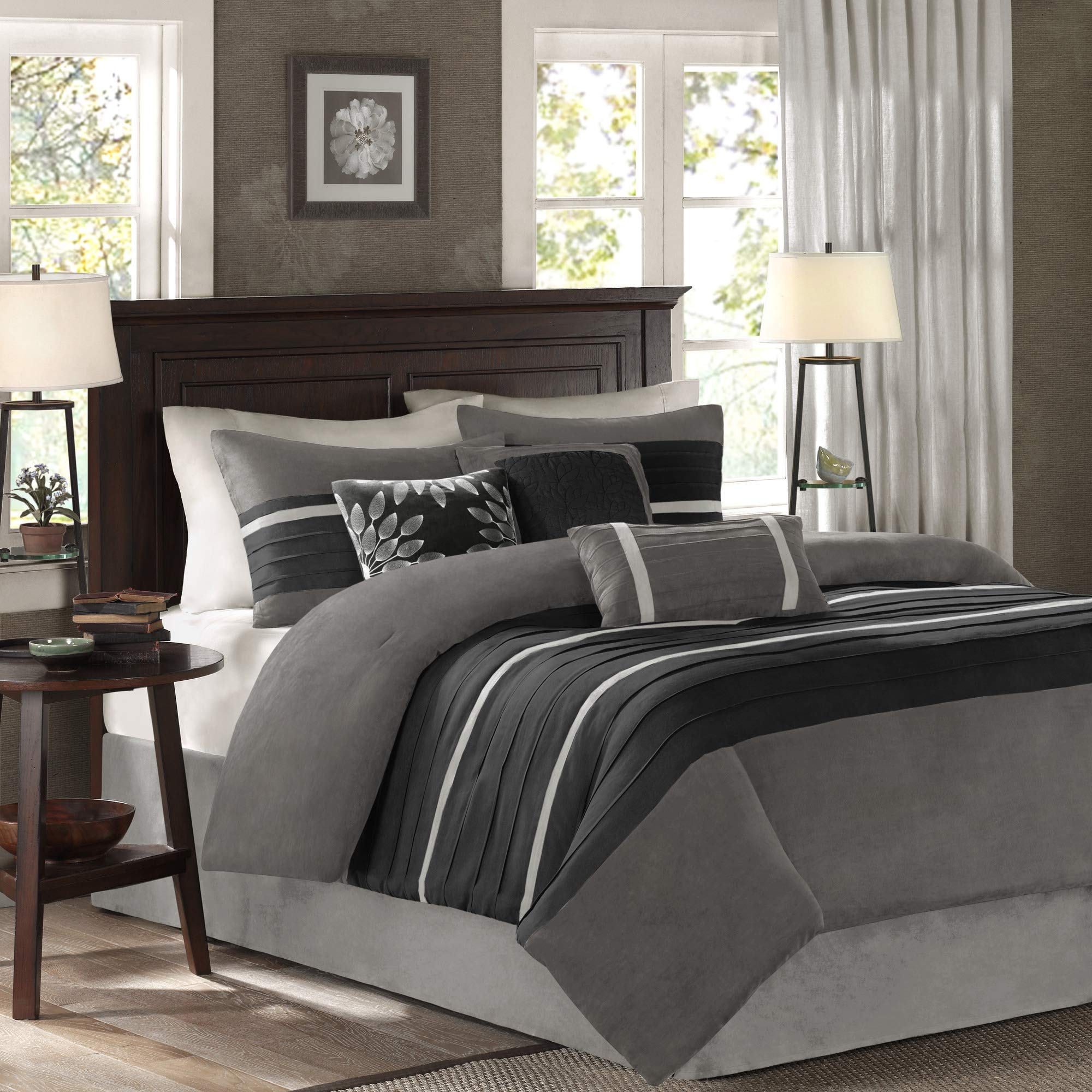 Book Cover Madison Park - Palmer 7 Piece Comforter Set - Black and Gray - King - Pieced Microsuede - Includes 1 Comforter, 3 Decorative Pillows, 1 Bed Skirt, 2 Shams