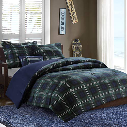 Book Cover Mi Zone Cozy Comforter Set Cabin Lifestyle Plaid Design All Season Bedding Matching Shams, Decorative Pillow, Full/Queen, Brody Blue 4 Piece