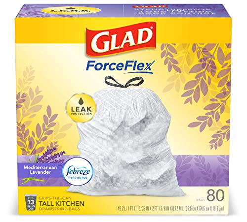 Book Cover Glad ForceFlex Tall Kitchen Drawstring Trash Bags 13 Gallon White Trash Bag, Mediterranean Lavender scent with Febreze Freshness 80 Count (Package May Vary)