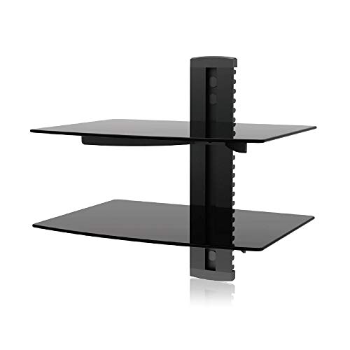 Ematic 2 Level Tempered Glass Shelf Mount - Entertainment Center, Cord Management, Durable, Easy Install, Black, Model: EMD212