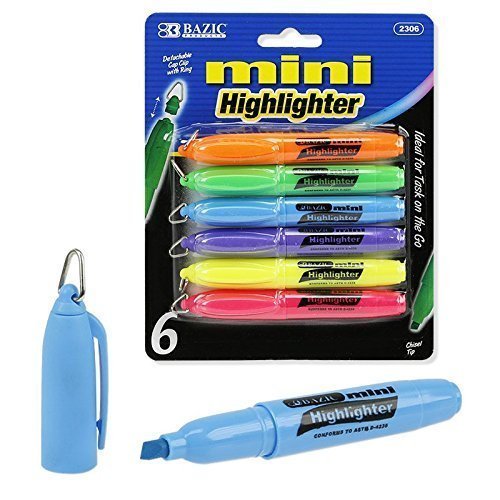 Book Cover 6-Pack Fluorescent Mini Highlighters with Detachable Clip Ring- Assorted Colors