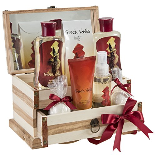 French Vanilla Bath Set Essential Bath and Body Basket: 2 Vanilla Bath Bombs, Vanilla Body Lotion, Body Spray, Bath Salts, Shower Gel, Bubble Bath, in A Luxury Wooden Jewelry Box for Women