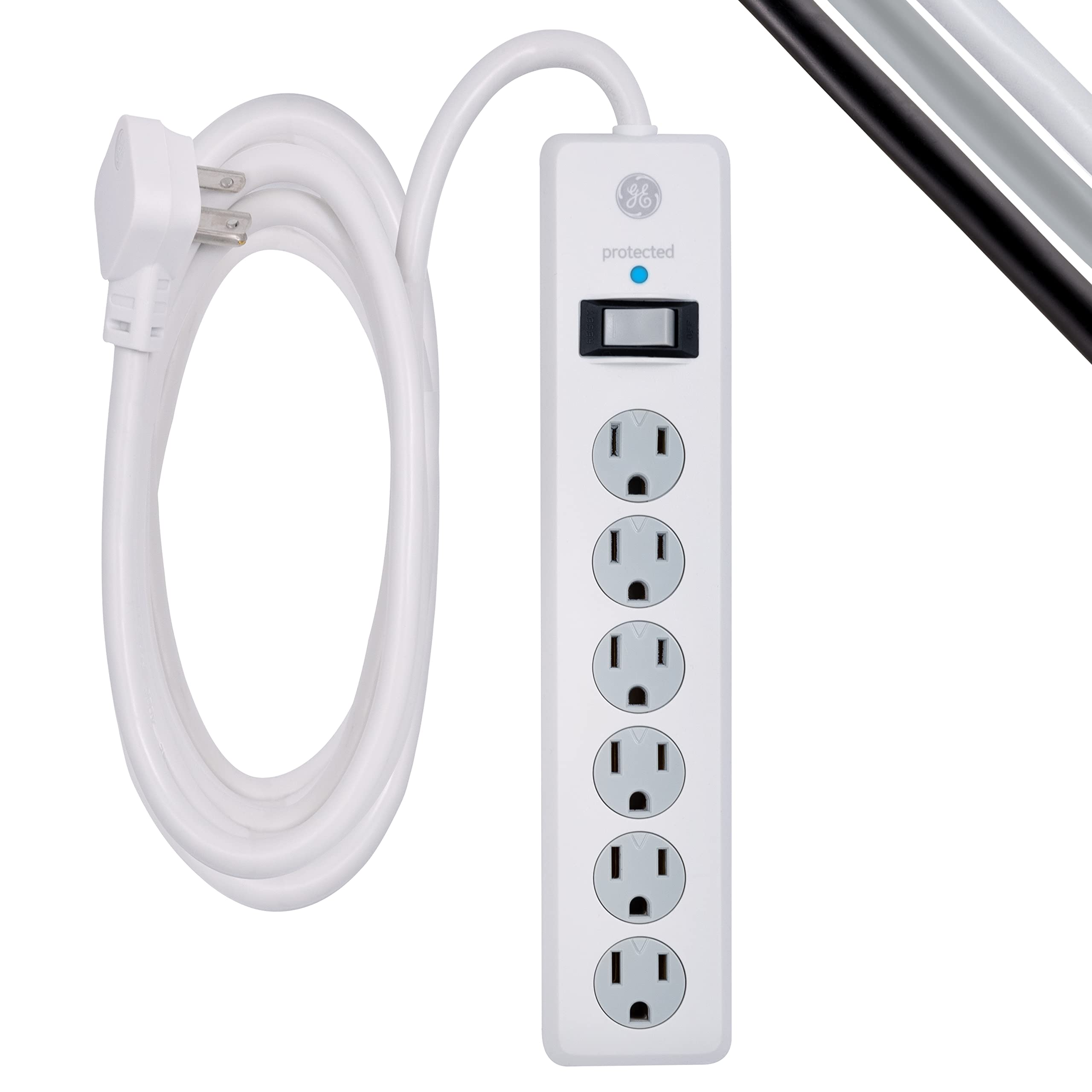 GE 6-Outlet Surge Protector, 10 Ft Extension Cord, Power Strip, 800 Joules, Flat Plug, Twist-to-Close Safety Covers, UL Listed, White, 14092 White 10 ft 1 Pack