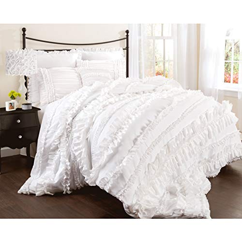 Book Cover Lush Decor Belle 4 Piece Ruffled Vintage Chic Style Bed Skirt and 2 Pillow Shams, King, White