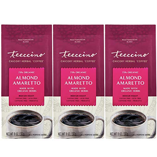 Teeccino Chicory Coffee Alternative â€“ Almond Amaretto â€“ Ground Herbal Coffee Thatâ€™s Prebiotic, Caffeine Free & Acid Free, Medium Roast, 11 Ounce (Pack of 3)