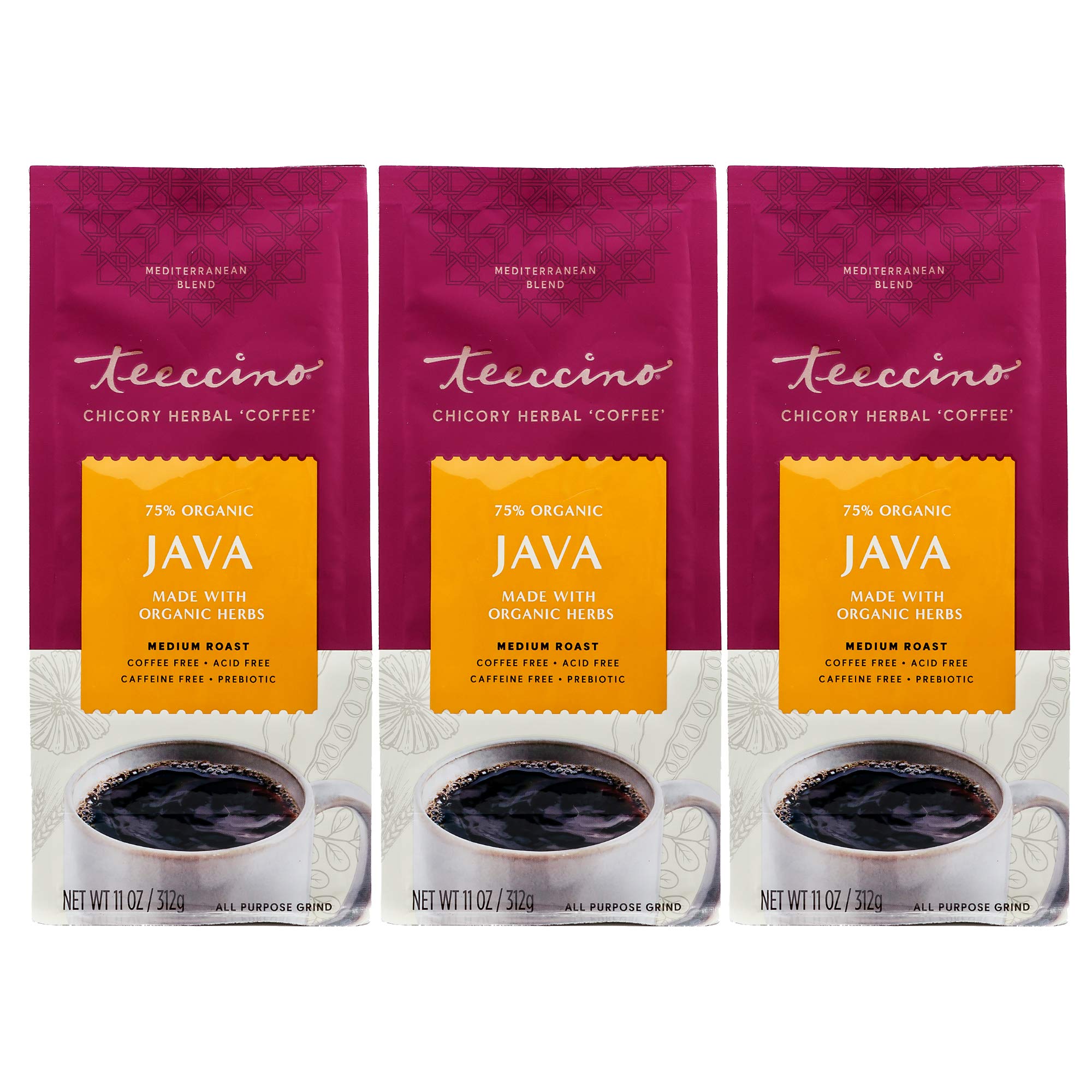Teeccino Chicory Coffee Alternative - Java - Ground Herbal Coffee That’s Prebiotic, Caffeine Free & Acid Free, Medium Roast, 11 Ounce (Pack of 3)
