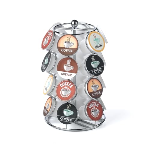 Nifty K Cup Holder – Compatible with K-Cups, Coffee Pod Carousel | 24 K Cup Holder, Spins 360-Degrees, Lazy Susan Platform, Modern Chrome Design, Home or Office Kitchen Counter Organizer
