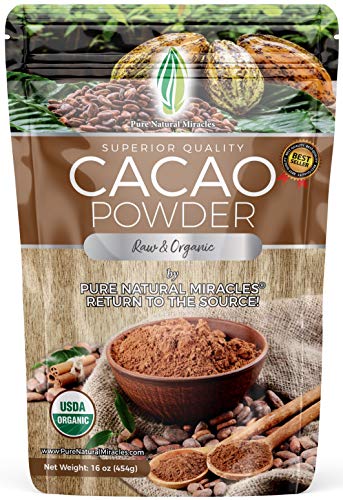 Book Cover Pure Natural Miracles Cacao Powder, Organic, Raw, Unsweetened Cocoa Powder, 16oz