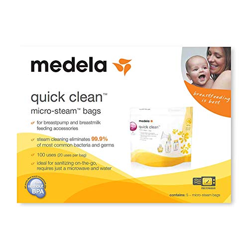 Book Cover Medela Quick Clean Micro-Steam Bags, 15 Count | Steam Bags for Bottles and Breast Pump Parts, Eliminates 99.9% of Common Bacteria and Germs, Disinfects Most Breast Pump Accessories