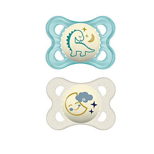 Book Cover MAM Night Pacifiers (2 Pack, 1 Sterilizing Pacifier Case), MAM Pacifiers 0-6 Months, Best Pacifier for Breastfed Babies, Glow in the Dark Pacifier, Baby Boy Pacifier