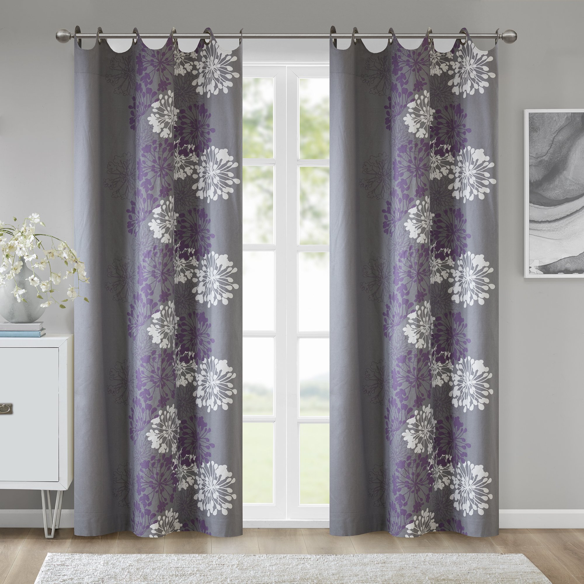 Book Cover Madison Park Anaya Window Curtain Grommet Tops Thermal Insulated Window Panel for Living Room Bedroom and Dorm Single Panel, 50x84, Purple/Grey Modern/Contemporary 50 in x 84 in Purple/Grey