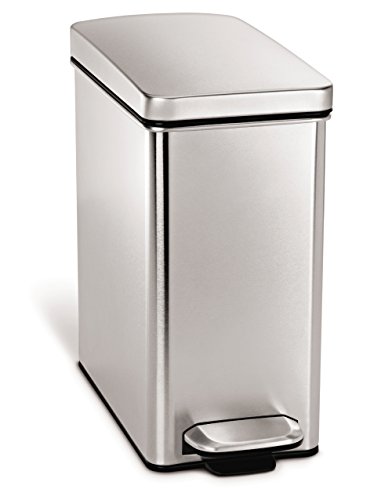 Book Cover simplehuman 10 Liter / 2.6 Gallon Bathroom Slim Profile Trash Can, Brushed Stainless Steel, 2.6 gallons, White