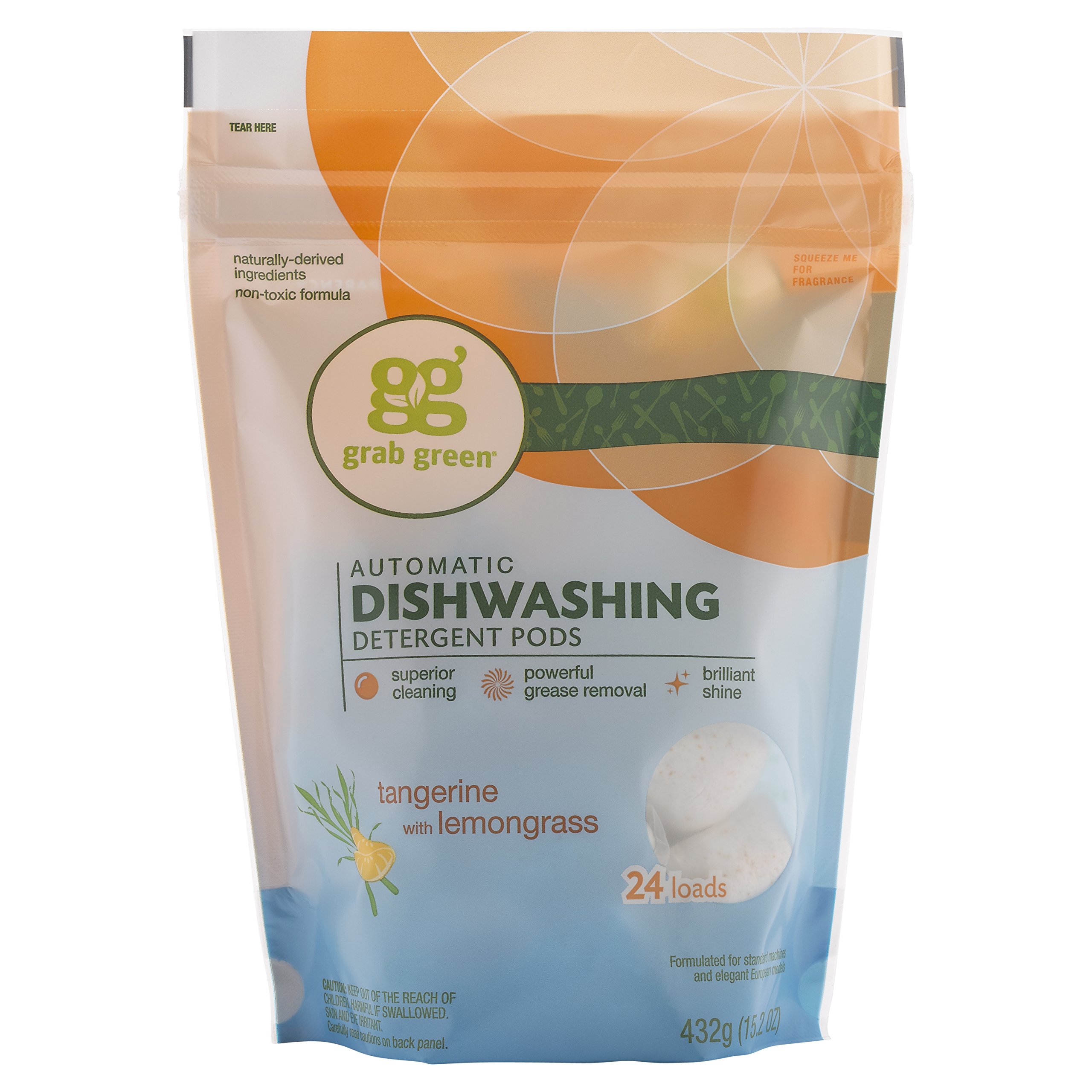 Grab Green Automatic Dishwashing Detergent Pods, 24 Count, Tangerine Lemongrass Scent, Plant and Mineral Based, Superior Cleaning, Powerful Grease Removal, Brilliant Shine Tangerine Lemongrass 24 Count (Pack of 1)