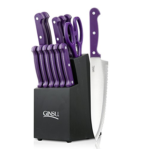 Book Cover Essential Series 14-Piece Stainless Steel Serrated Knife Set â€“ Cutlery Set With Purple Kitchen Knives In A Black Block, 03891Ds
