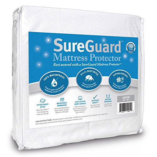 Book Cover SureGuard Queen Size Mattress Protector - 100% Waterproof, Hypoallergenic - Premium Fitted Cotton Terry Cover