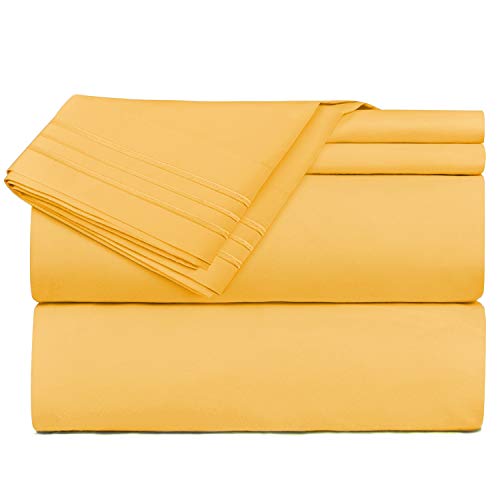 Book Cover Clara Clark Premier 1800 Series 4 Piece Sheet Set Deep Pocket Brushed Microfiber, Wrinkle, Fade & Stain Resistant, Queen Size, Yellow