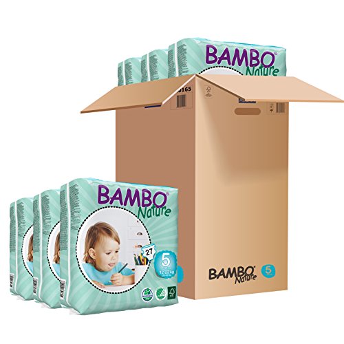 Book Cover Bambo Nature Eco Friendly Baby Diapers Classic for Sensitive Skin, Size 5 (26-49 Lbs), 162 Count (6 Packs of 27)