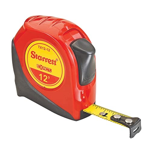 Starrett Exact Retractable Imperial Pocket Tape Measure with Nylon Coating, Self Adjusting End Hook, and Steel Belt Clip - 1/2" Width x 12' Length - KTX12-12-N