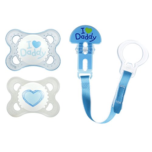 MAM Pacifiers and Baby Pacifier Clip, Baby Pacifier 0-6 Months and Baby Pacifier Clip, Best Pacifier for Breastfed Babies, I Love Daddy' Design Collection, Boy, 3-Count