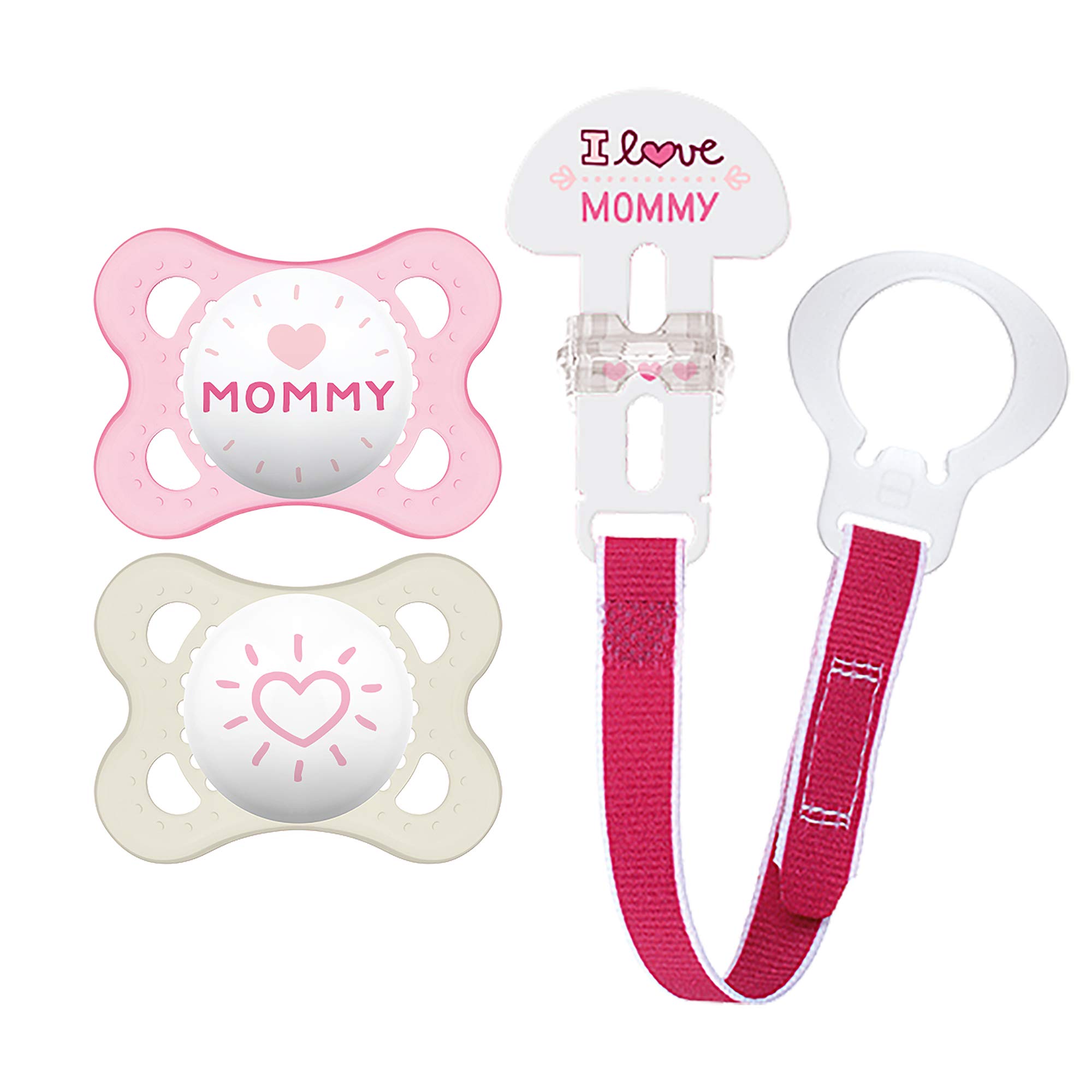 MAM Original Value Pack Baby Pacifier, Nipple Shape Helps Promote Healthy Oral Development, Universal Pacifier Clip, 2 Pacifiers + 1 Pacifier Clip, 0-6 Months, Love & Affection/Girl 'I Love Mommy' Girl 2 Pacifiers + Clip