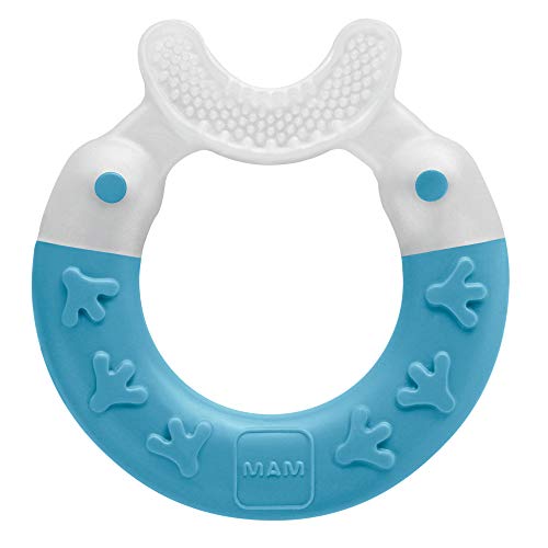 Book Cover MAM Bite & Brush Teether, 2-in-1 Infant Toothbrush and Teether with Ring Handle, Baby Toys, Teething Toys, for Boys 3+ Months, 1-Count, Blue