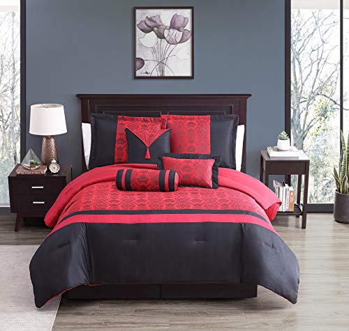 Book Cover Chezmoi Collection Dynasty Jacquard 7-Piece Comforter Set Black/Red (Queen)