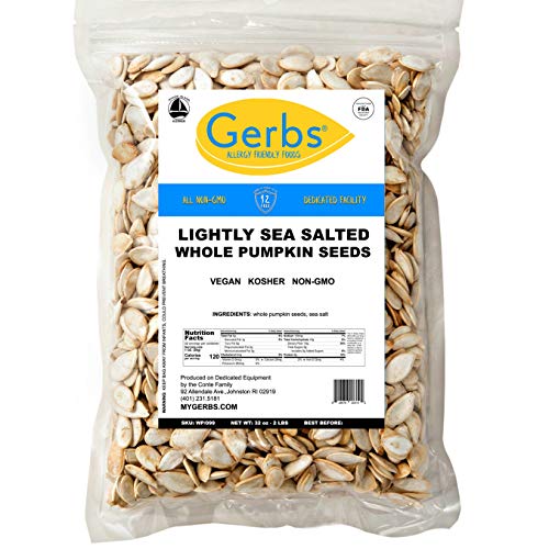 GERBS Lightly Sea Salted Roasted Whole Pumpkin Seed (Pepitas) In Shell 2 lbs., Top 14 Allergy Free Foods, Healthy Superfood Snack, Non GMO, Dry Roast, No Oils, No Preservatives, Resealable Bag, Gluten Free, Peanut Free, Vegan, Keto, Kosher