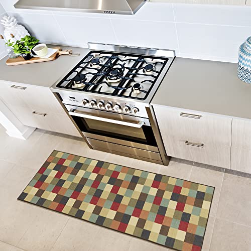 Machine Washable Checkered Design Non-Slip Rubberback 2x5 Traditional Runner Rug for Hallway, Kitchen, Bedroom, Entryway, 20" x 59", Multicolor
