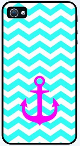 iPhone Case - Aqua Chevron Hot Pink Anchor (iPhone 4/4S Black Rubber Case)