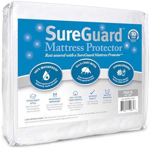 Full Extra Long (XL) SureGuard Mattress Protector - 100% Waterproof, Hypoallergenic - Premium Fitted Cotton Terry Cover - 10 Year Warranty
