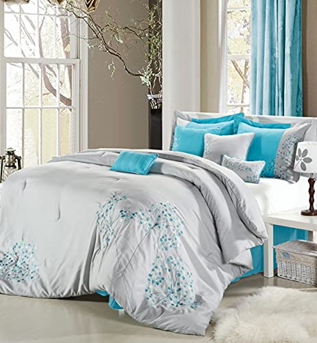 Book Cover Chic Home 8-Piece Floral Embroidered Comforter Set, Queen, Gray and Blue