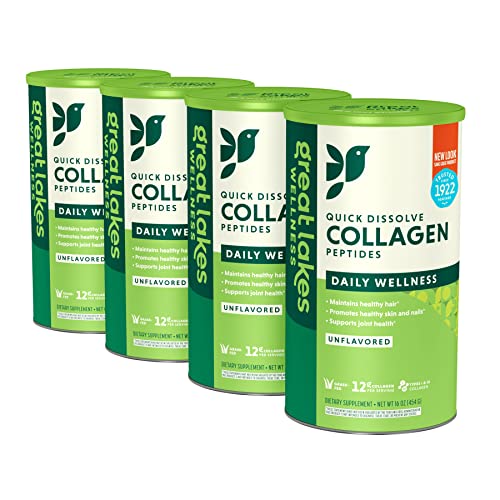 Great Lakes Wellness *DISCONTINUED* Collagen Peptides Powder Supplement for Skin Hair Nail Joints - Unflavored - Quick Dissolve Hydrolyzed, Non-GMO, KETO, Paleo Friendly, Gluten-Free, No Preservatives - 16 oz - 4 pk