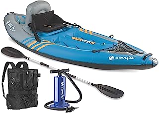 Sevylor QuickPak K1 1-Person Inflatable Kayak, Kayak Folds into Backpack with 5-Minute Setup, 21-Gauge PVC Construction; Hand Pump & Paddle Included