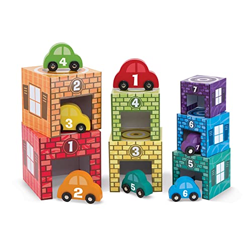 Book Cover Melissa & Doug Nesting and Sorting Garages and Cars With 7 Graduated Garages and 7 Stackable Wooden Cars - Numbers Learning Toys, Car Garage Toy, Sorting And Stacking Toys For Toddlers Ages 2+