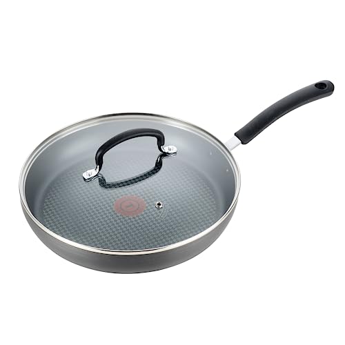 T-fal E91898 Ultimate Hard Anodized Scratch Resistant Titanium Nonstick Thermo-Spot Heat Indicator Anti-Warp Base Dishwasher Safe Oven Safe PFOA Free Glass Lid Cookware, 12-Inch, Gray