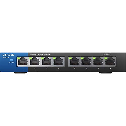 Book Cover Linksys SE3008: 8-Port Gigabit Ethernet Unmanaged Switch, Computer Network, Auto-Sensing Ports Maximize Data Flow for up to 1,000 Mbps (Black, Blue)