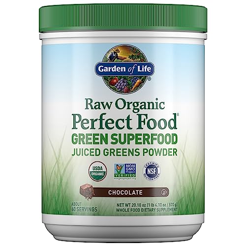 Garden of Life Raw Organic Perfect Food Green Superfood Juiced Greens Powder - Chocolate, 60 Servings, Non-GMO, Gluten Free, Vegan Whole Food Dietary Supplement, Plus Probiotics, Enzymes