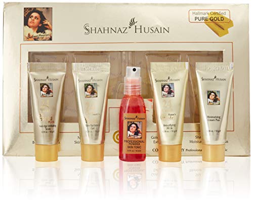 Shahnaz Husain 24 Carat Gold Skin Radiance Timeless Youth Kit with Exfoliating Scrub, Radiance Gel, Moisturizing Cream, and Mask (4 x 10 gm)