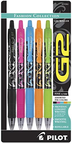 Pilot, G2 Premium Gel Roller Pens, Fine Point 0.7 mm, Fashion Collection, Assorted Colors, Pack of 5