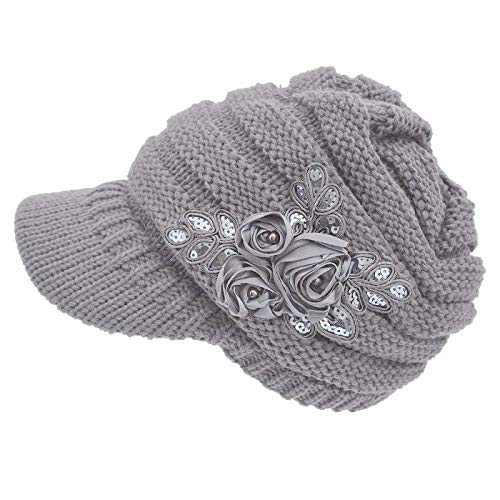 Women's Cable Knit Visor Hat with Flower Accent Grey Color
