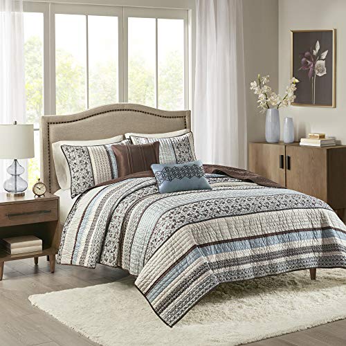 Book Cover Madison Park Princeton Full/Queen Size Quilt Bedding Set - Teal, Jacquard Patterned Striped â€“ 5 Piece Bedding Quilt Coverlets â€“ Ultra Soft Microfiber Bed Quilts Quilted Coverlet, Blue (MP13-613)
