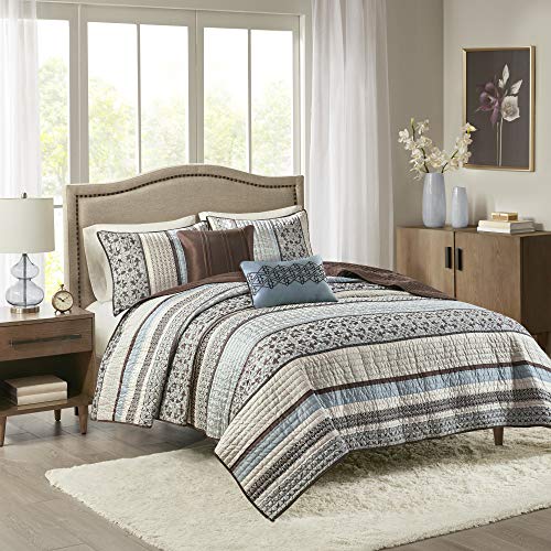 Madison Park Princeton Full/Queen Size Quilt Bedding Set - Teal, Jacquard Patterned Striped â€“ 5 Piece Bedding Quilt Coverlets â€“ Ultra Soft Microfiber Bed Quilts Quilted Coverlet, Blue (MP13-613)