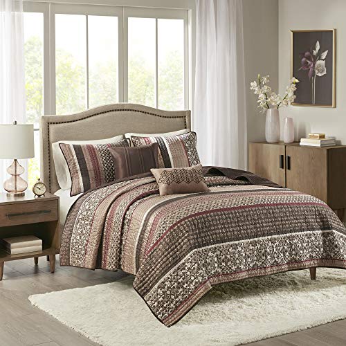 Madison Park Reversible Quilt Luxury Jacquard Design All Season, Breathable Coverlet Bedspread Bedding Set, Matching Shams, Decorative Pillow, King/Cal King(104"x94"), Princeton, Red, 5 Piece