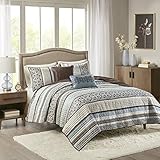 Madison Park Princeton Full/Queen Size Quilt Bedding Set - Teal, Jacquard Patterned Striped â€“ 5 Piece Bedding Quilt Coverlets â€“ Ultra Soft Microfiber Bed Quilts Quilted Coverlet, Blue (MP13-613)