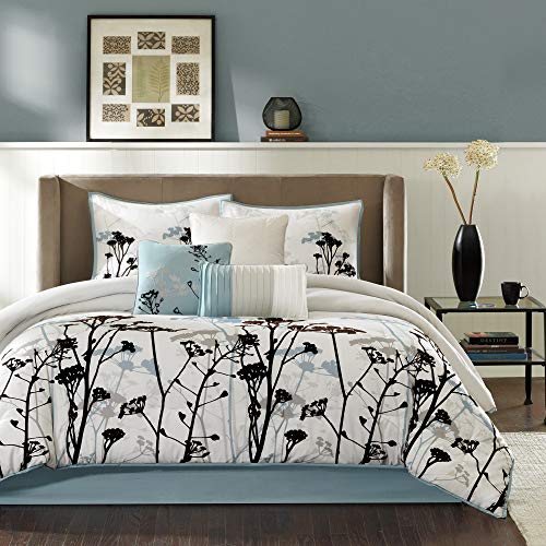 Book Cover Madison Park - Matilda 7 Piece Comforter Set - Blue - Queen - Black Flocking Three Dimensional Look - Includes 1 Comforter, 3 Decorative Pillows, 1 Bed Skirt, 2 Shams